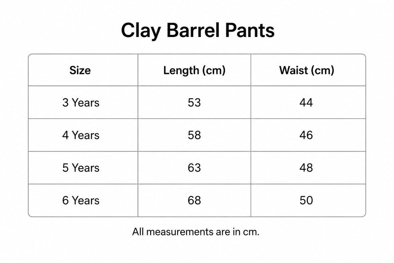 Size chart for Clay Barrel Pants