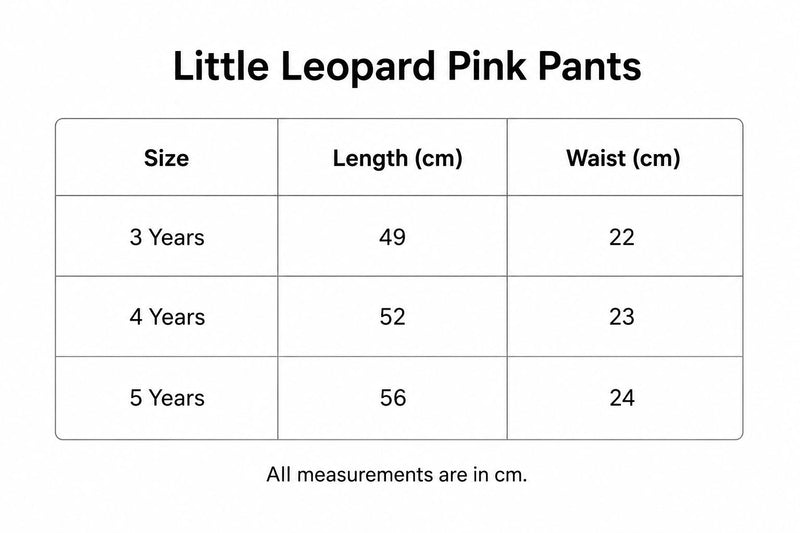 Size chart for Little Leopard Pink Pants