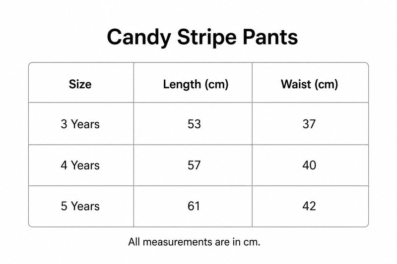 Size chart for Candy Stripe Pants