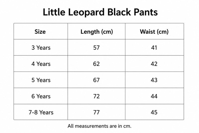 Size chart for Little Leopard Black Pants