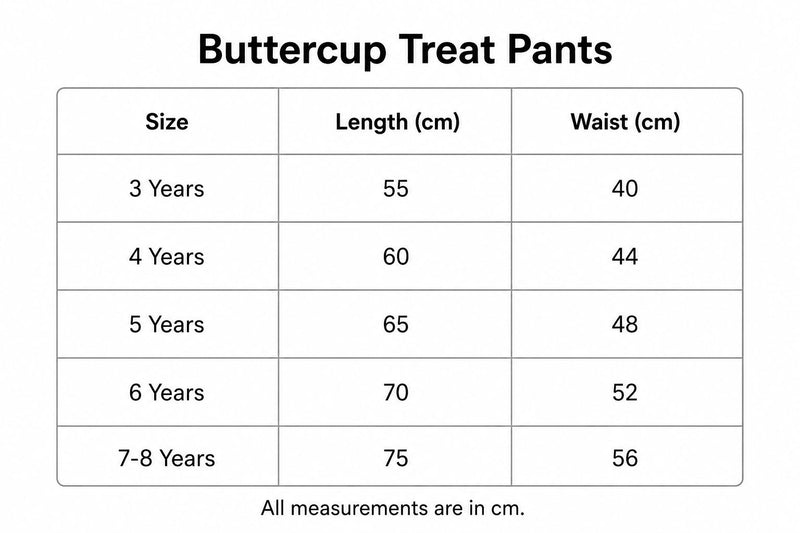 Size chart for Buttercup Treat Pants