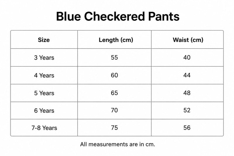 Size chart for Blue Checkered Pants